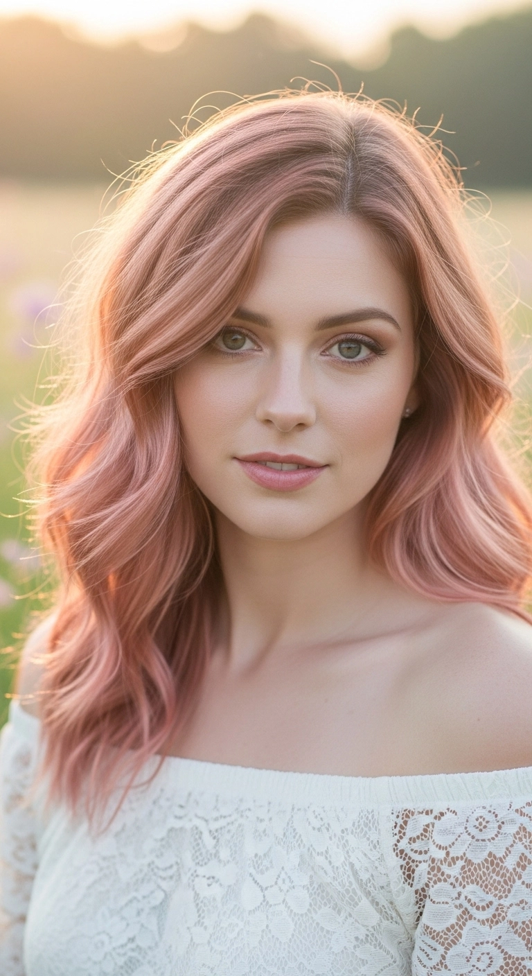 Soft Rose Gold Wavy Lob with Face-Framing Layers