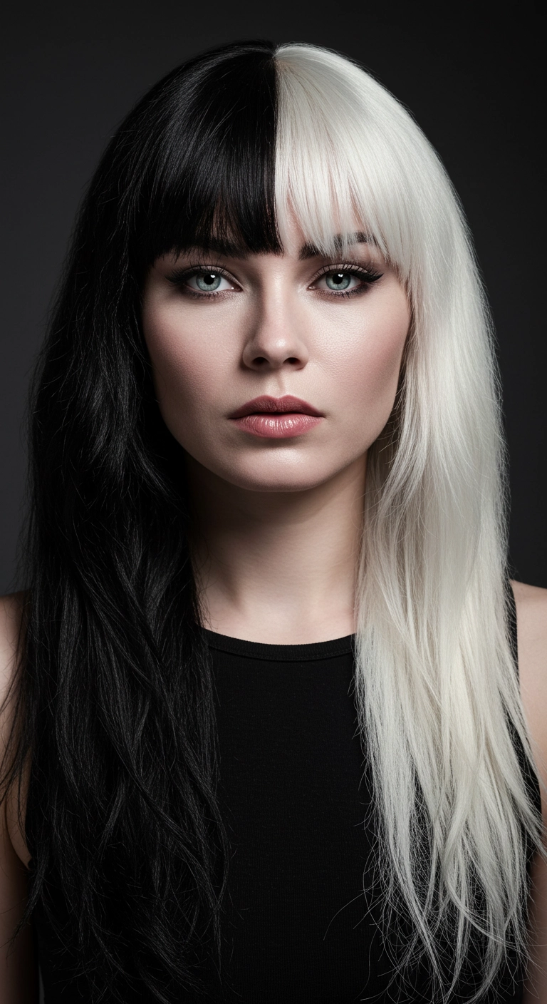 High-Contrast Black and Platinum Split Dye with Blunt Bangs