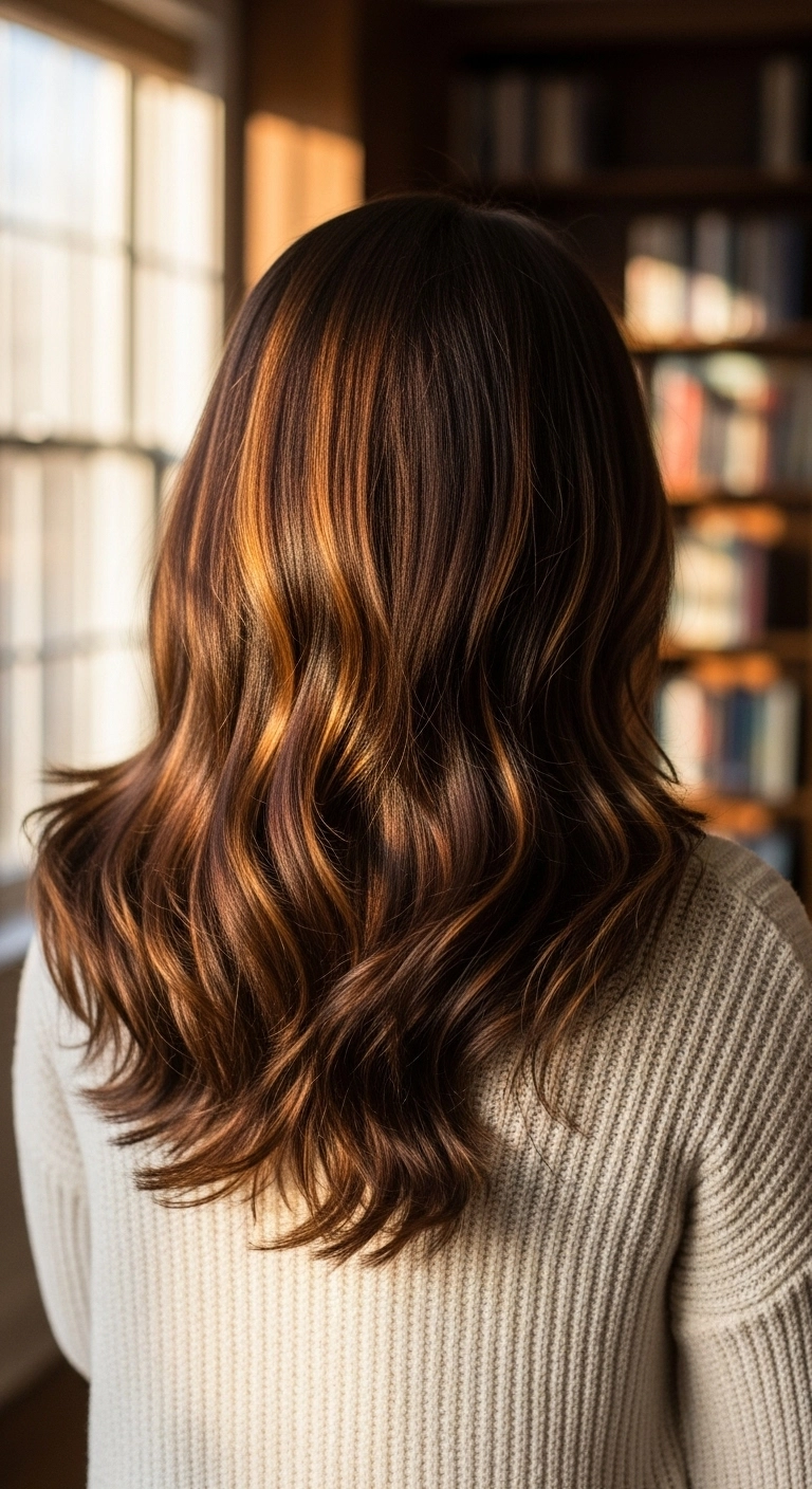 Warm Caramel Balayage Ribbons on Long Brunette Waves
