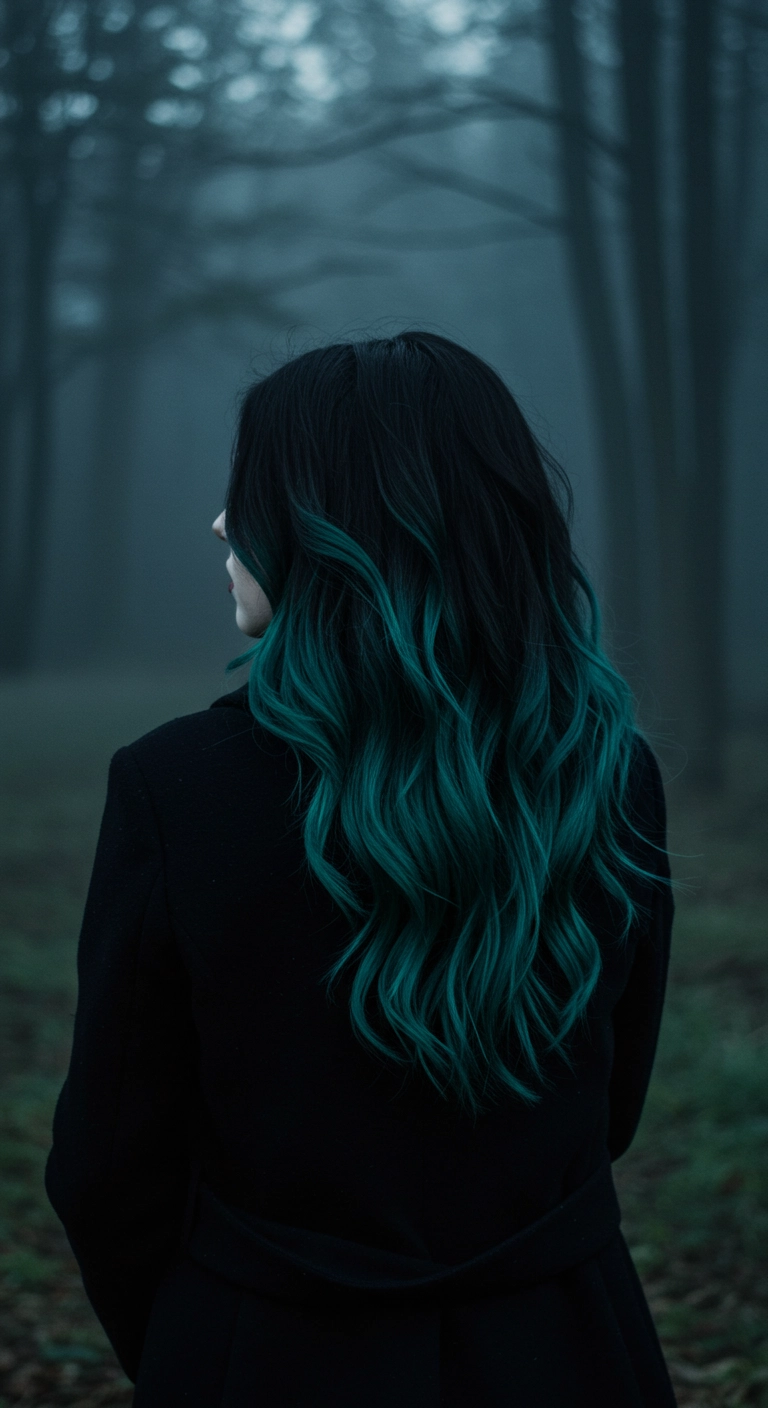 Moody Deep Teal Ombre Waves on Long Jet-Black Hair