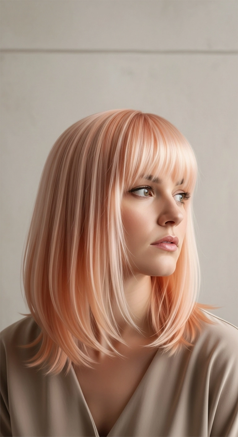 Pastel Peach Layered Lob with Wispy Bangs