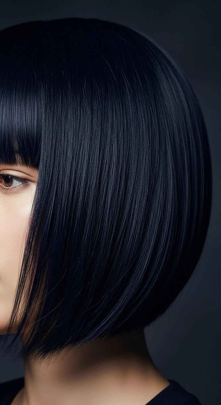 Ultra-Sleek Midnight Black Blunt Bob with Fringe