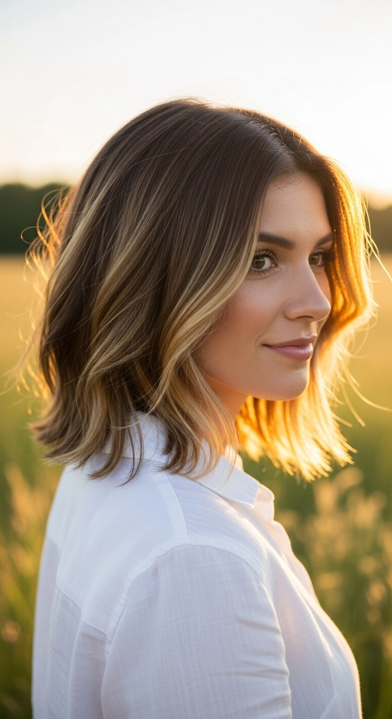 Sunlit Golden Balayage Lob with Face-Framing Waves