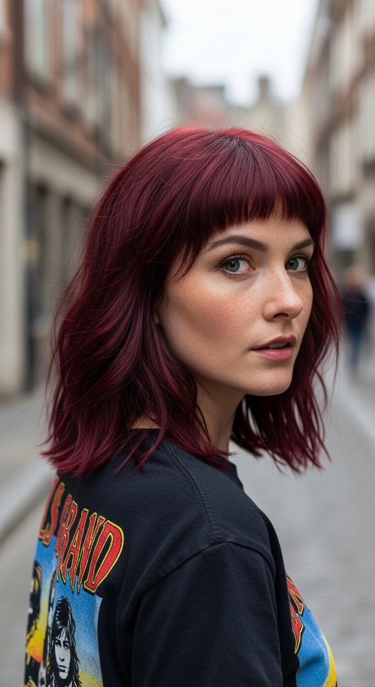 Edgy Burgundy Lob with Textured Micro Bangs