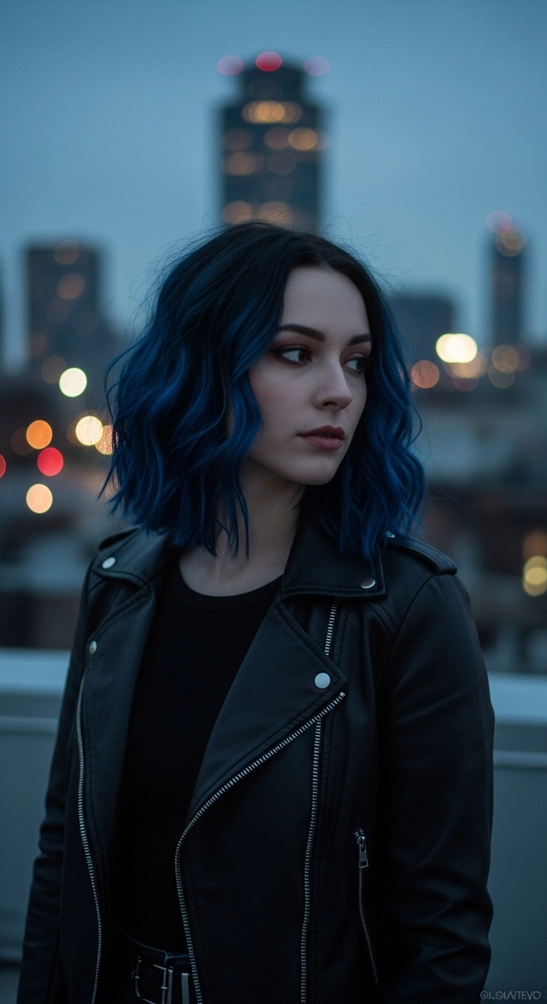 Midnight Blue Textured Lob with Shadow Root