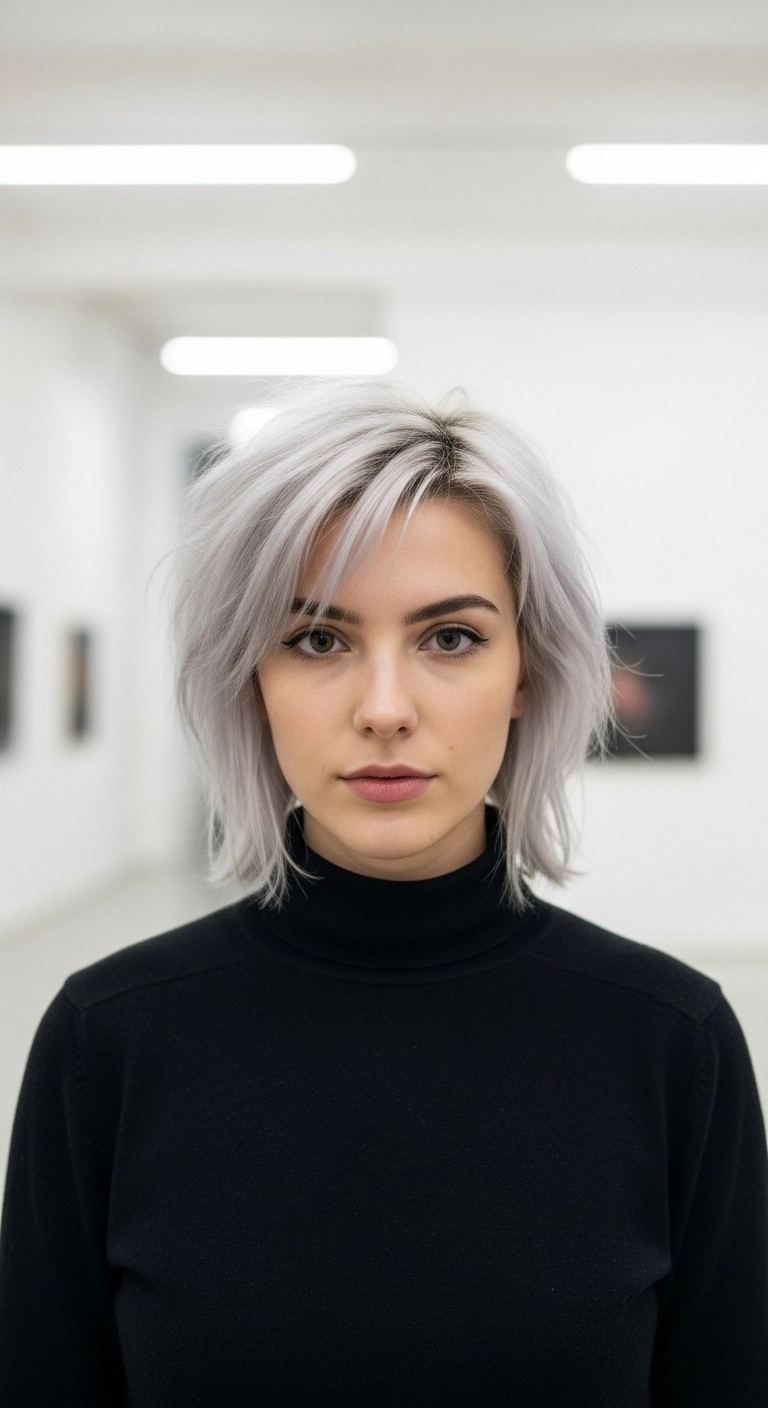 Icy Silver Textured Lob with Wispy Side Bangs