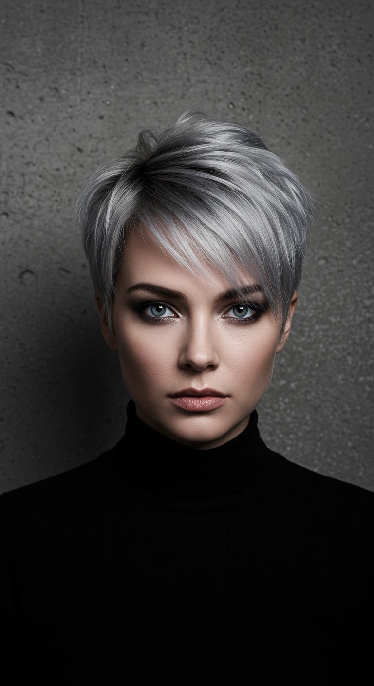Icy Silver Textured Pixie with Shadow Root