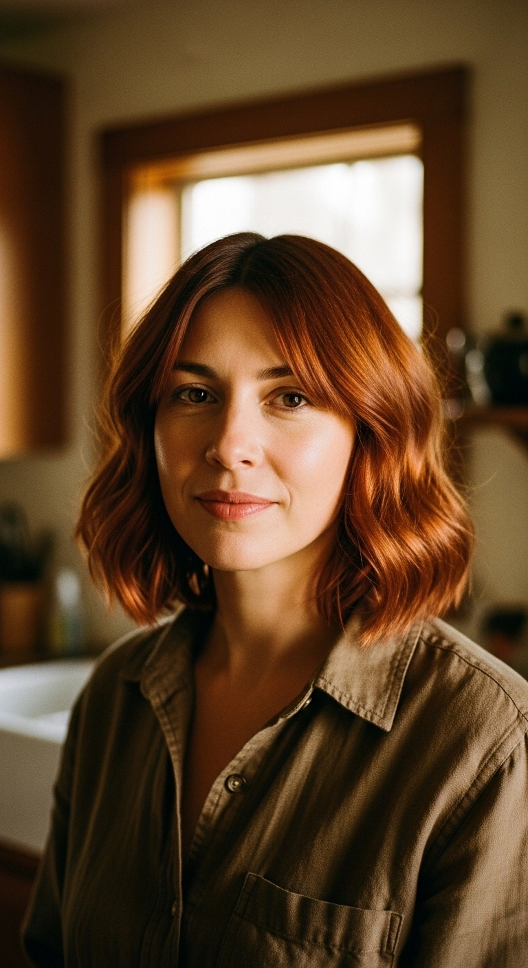 Lived-In Copper Lob with Soft Curtain Bangs
