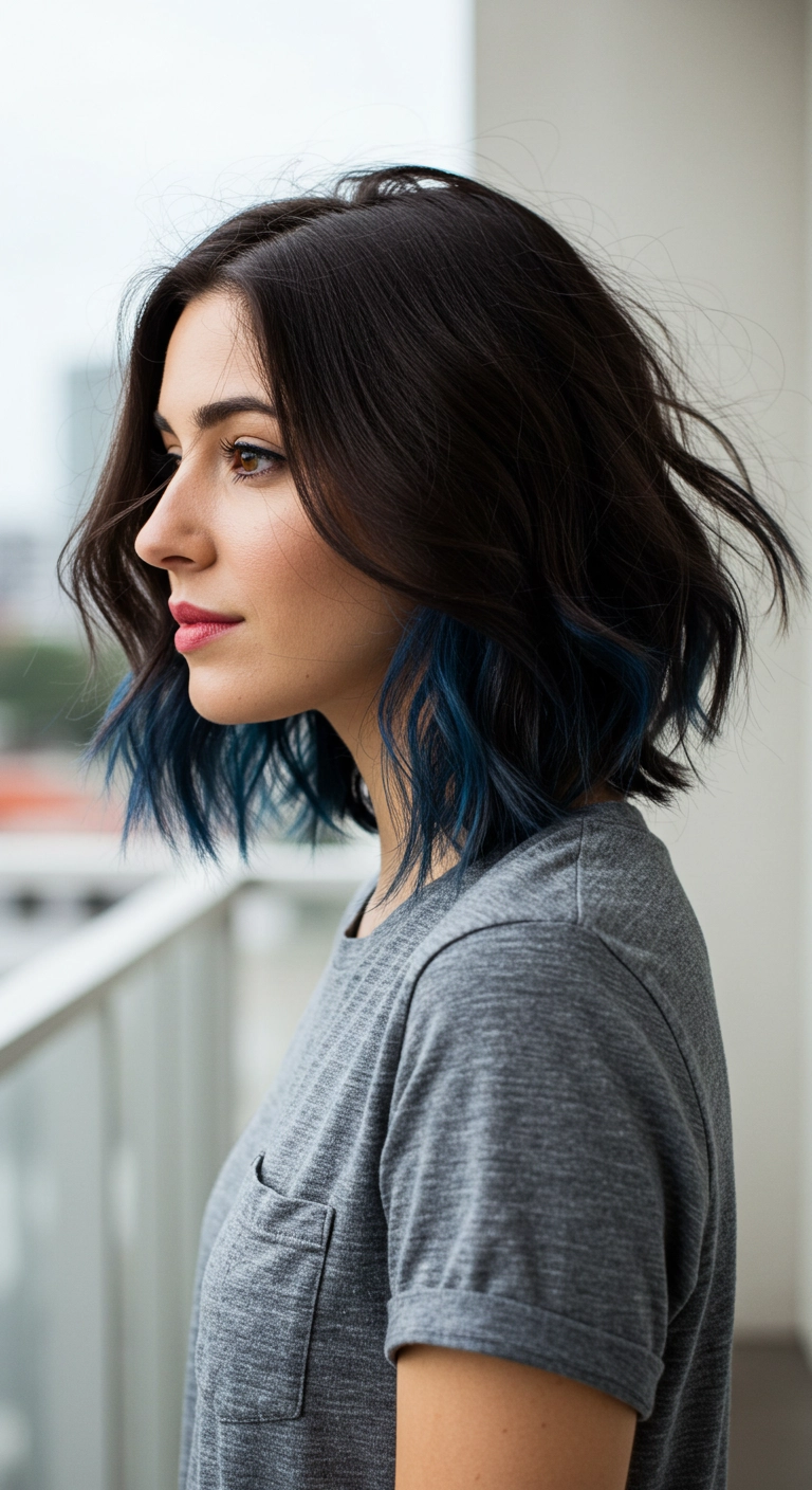 Tousled Dark Lob with Peekaboo Blue Underlights