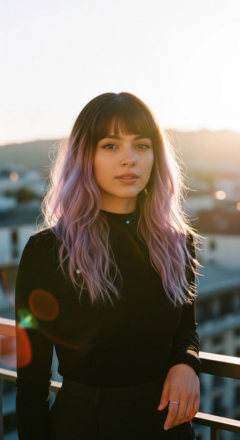 Smoky Lavender Ombre Waves with Full Brow-Skimming Bangs