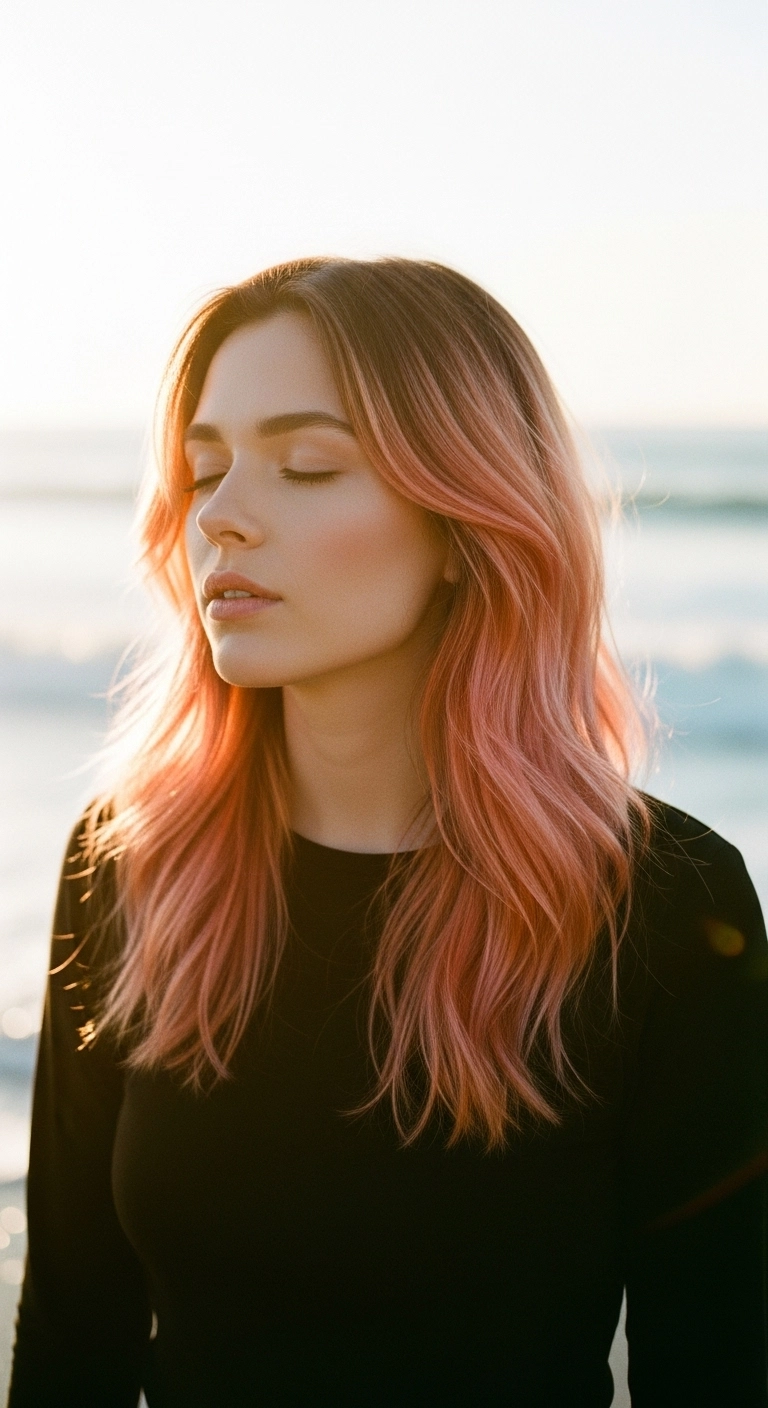 Soft Peach-Pink Shadow Root Waves with Curtain Bangs