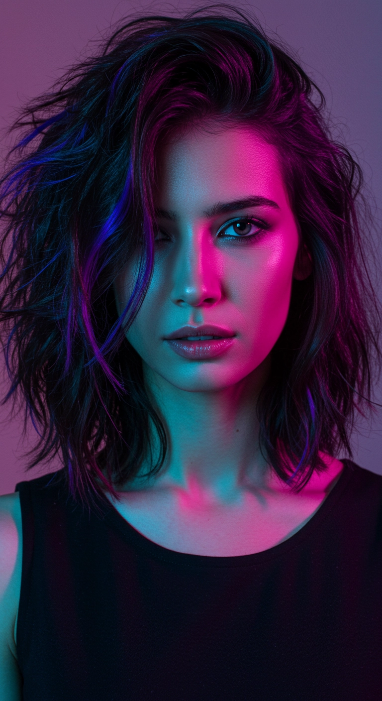 Cyberpunk Textured Lob with Electric Violet Ribbons
