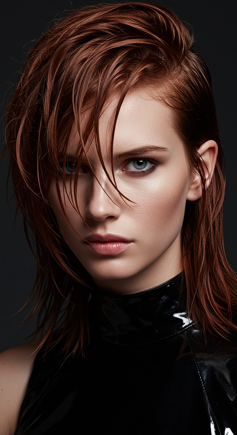 Edgy Wet-Look Copper Lob with Swept Fringe