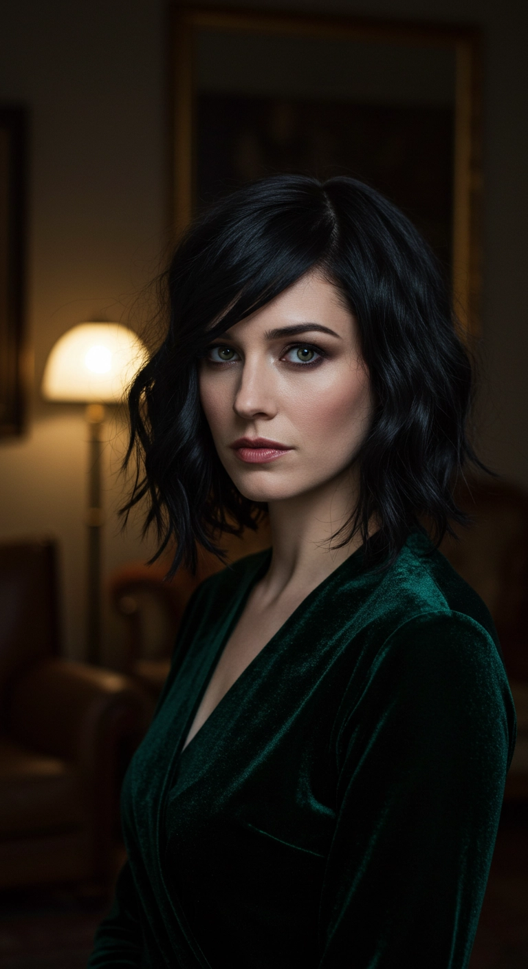 Moody Textured Jet Black Lob with Side-Swept Waves