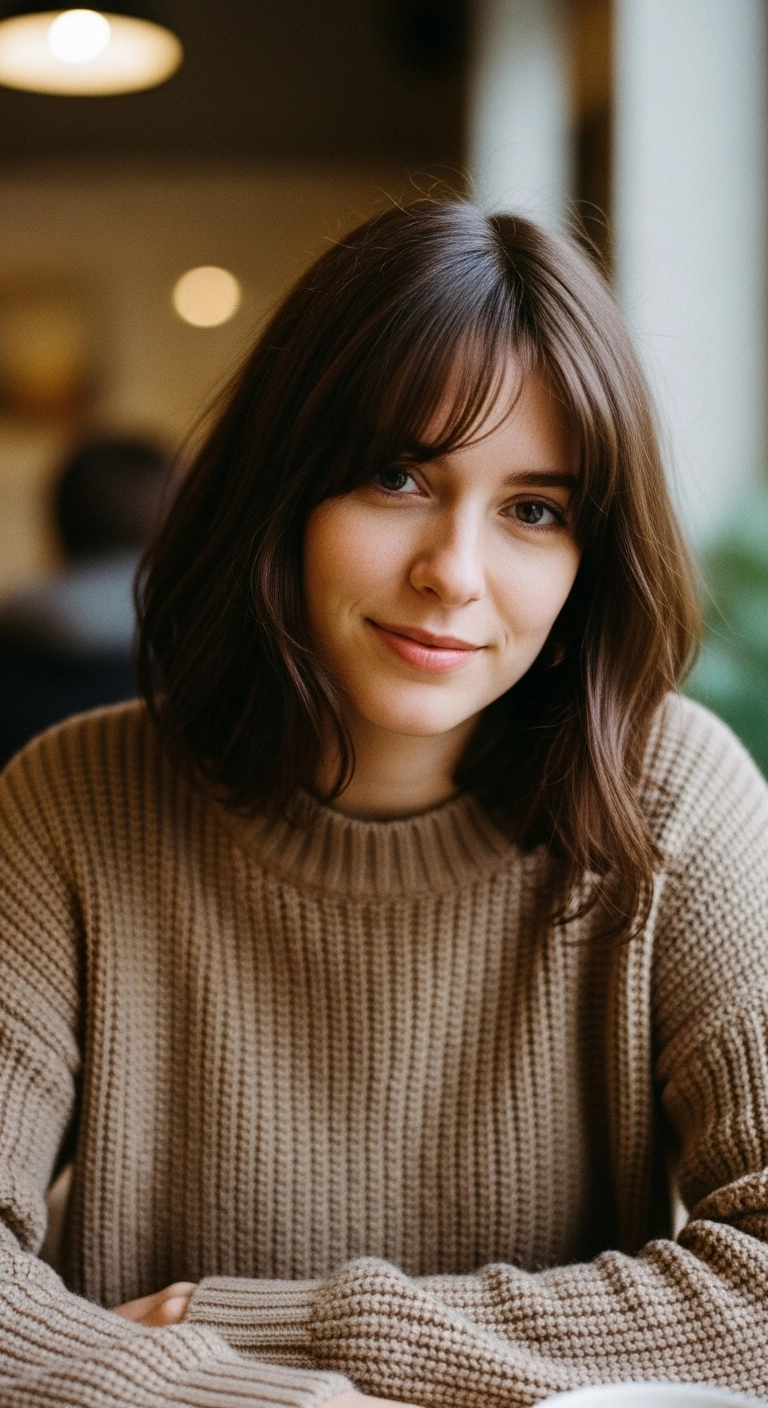Effortless Chestnut Lob with Wispy Curtain Bangs