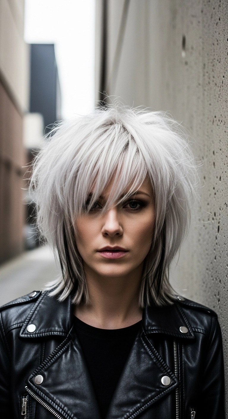 Edgy Icy Platinum Shag with Black Peekaboo Underlights