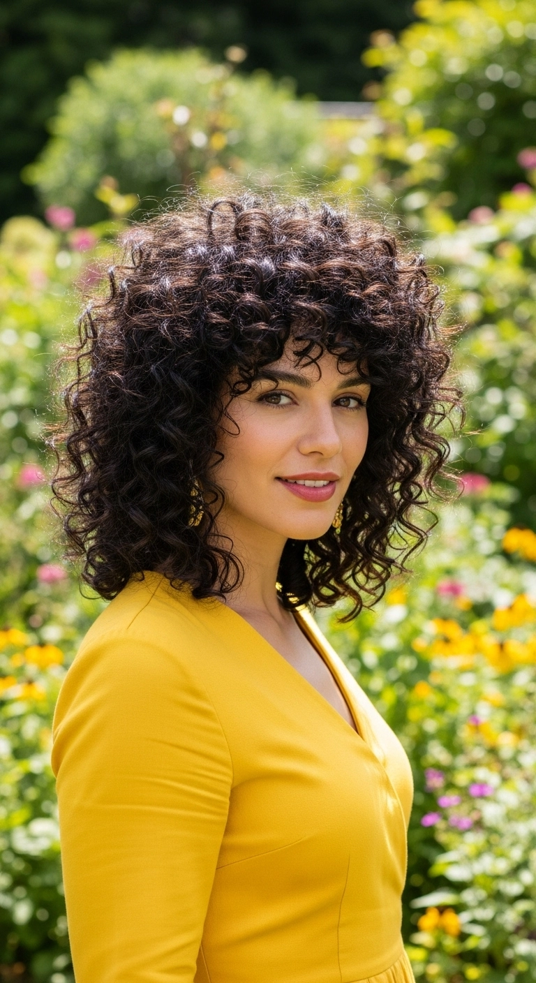 Voluminous Brunette Curly Shag with Full Bangs