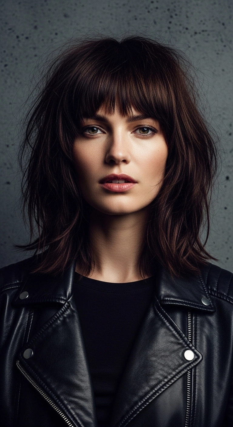 Edgy Dark Espresso Shaggy Lob with Choppy Fringe