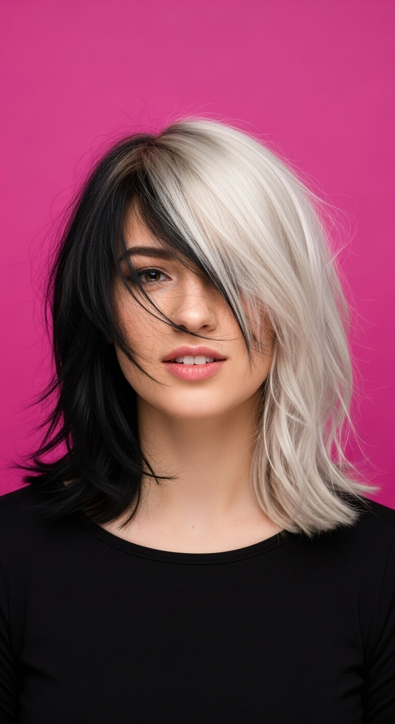 Edgy Black and Platinum Split-Dye Textured Lob