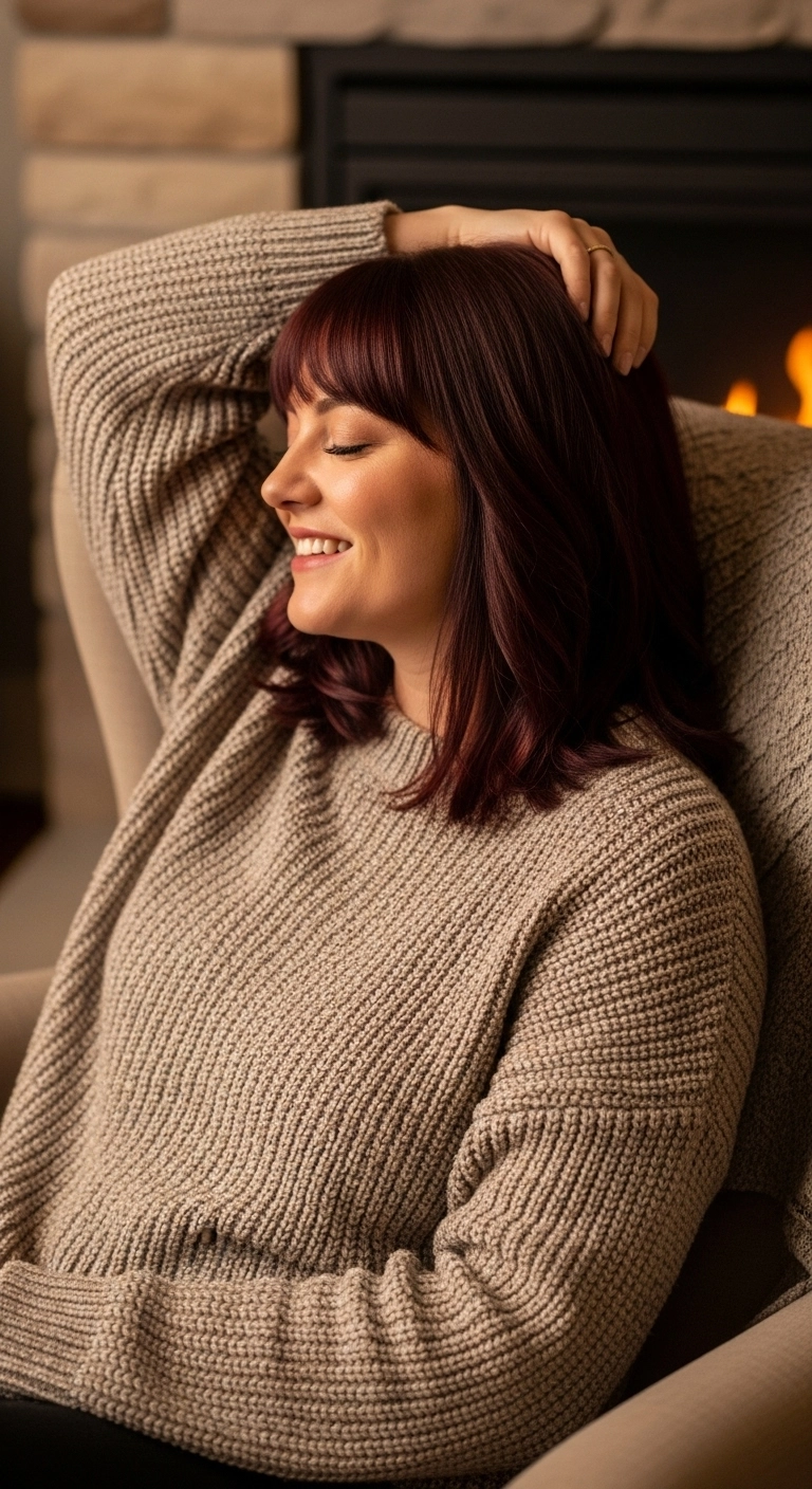 Cozy Deep Burgundy Lob with Full Fringe