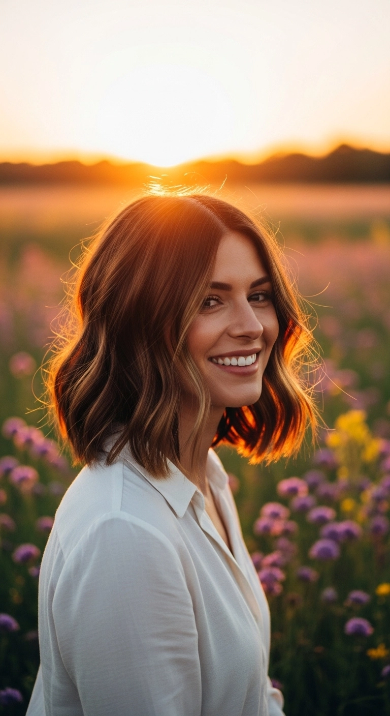 Lived-In Wavy Lob with Honey Balayage