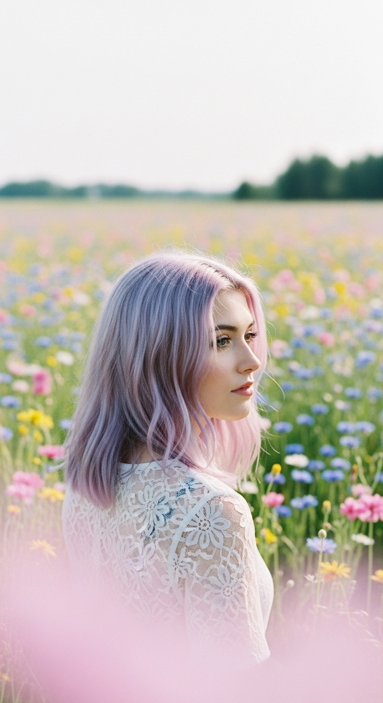 Pastel Lavender to Pink Ombre Lob with Soft Waves