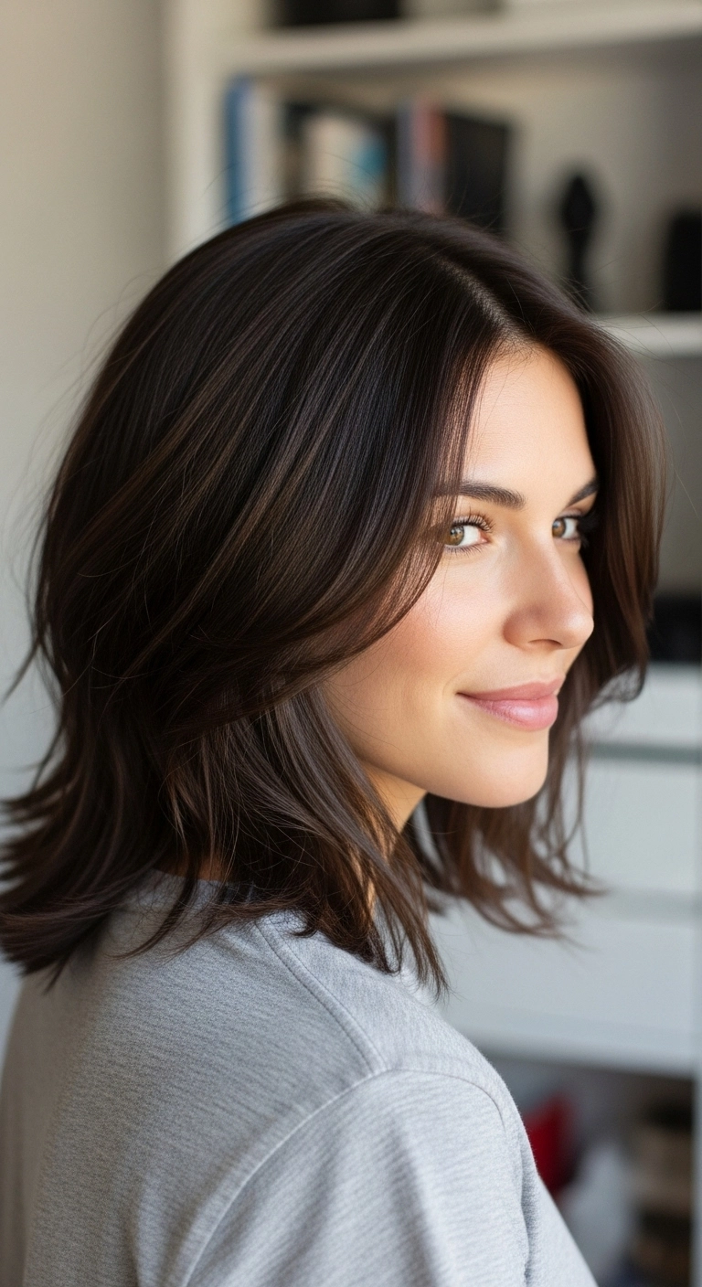 Soft Layered Brunette Lob with Curtain Bangs