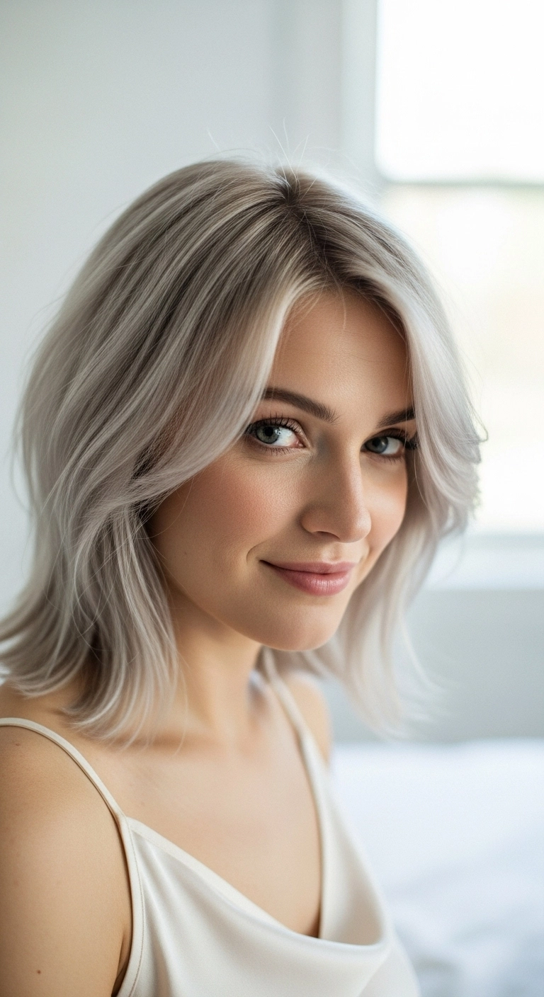 Icy Platinum Layered Lob with Shadow Root and Curtain Bangs