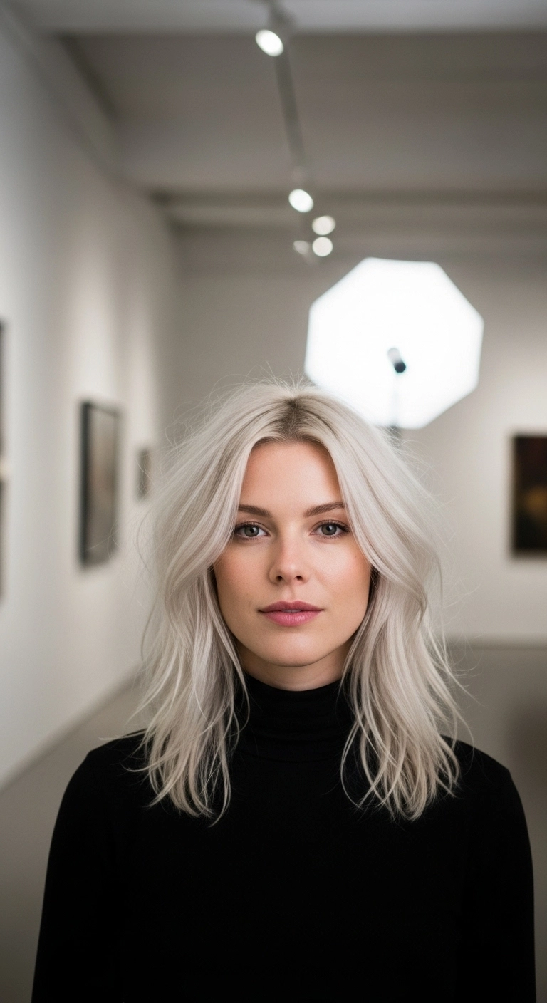Icy Platinum Textured Lob with Curtain Bangs
