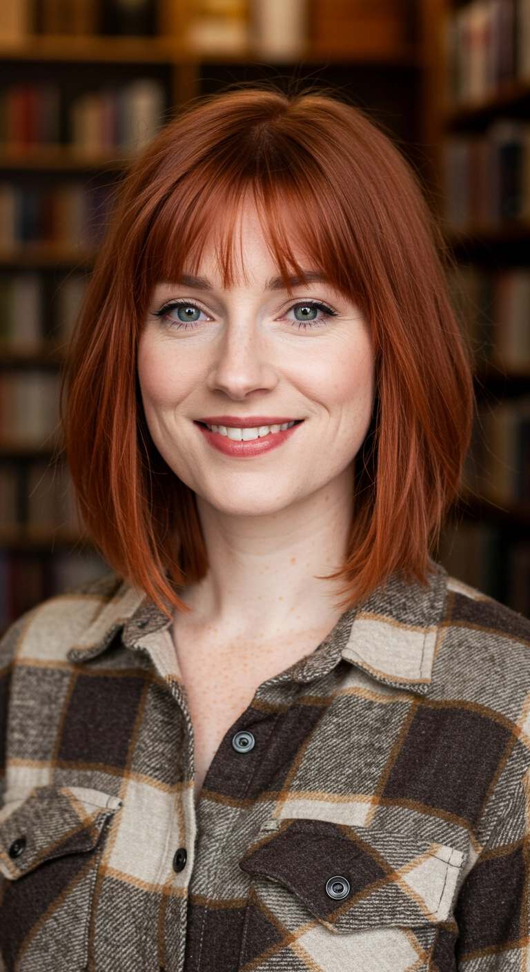 Warm Copper Lob with Feathered Wispy Bangs