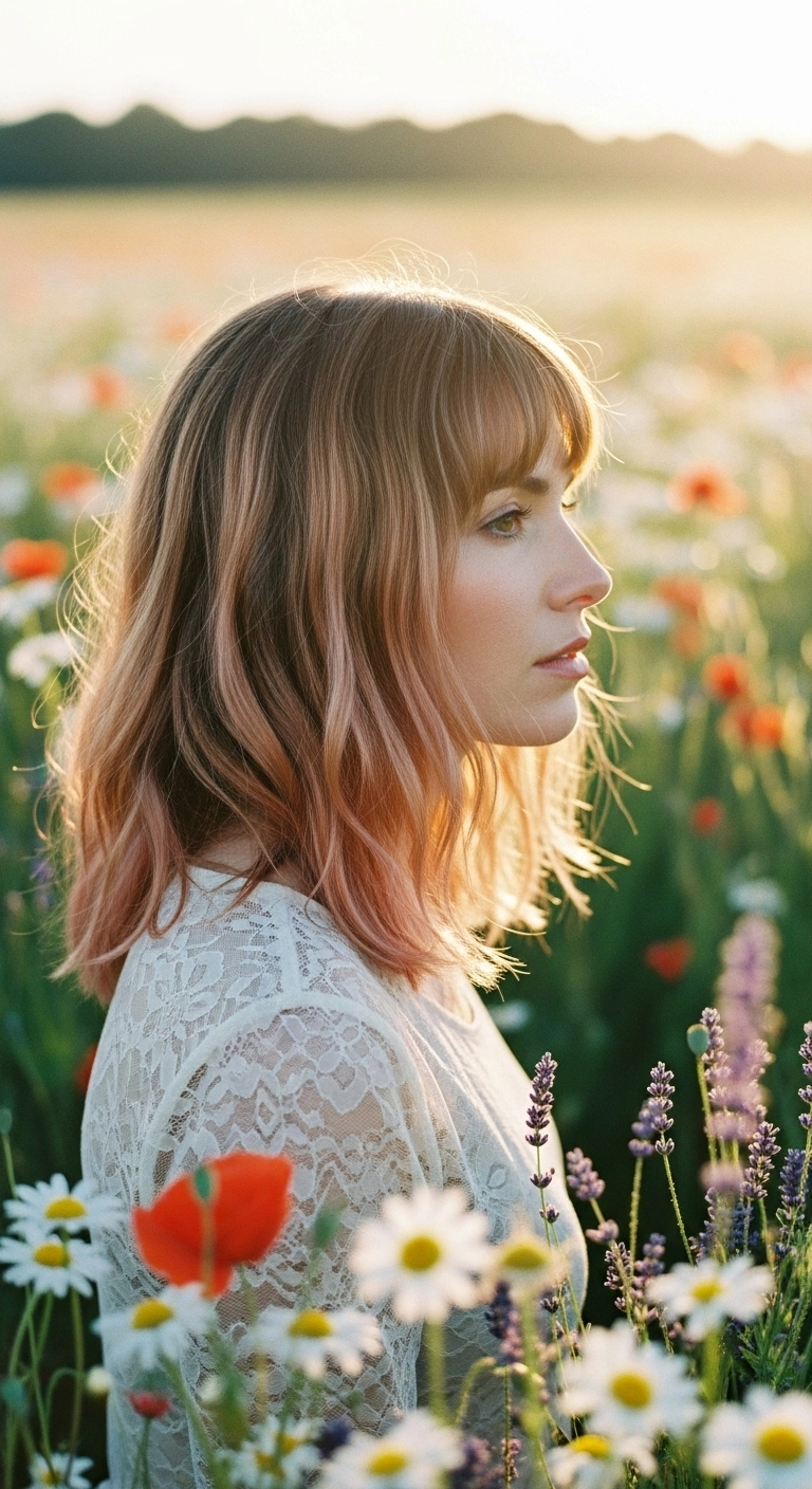 Soft Rose Gold Balayage Lob with Wispy Bangs