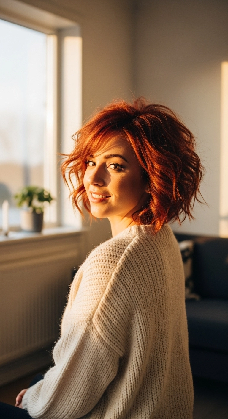 Tousled Fiery Copper Bob with Side-Swept Bangs