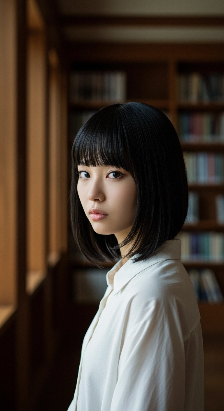 Classic Sleek Jet Black Bob with Straight Bangs
