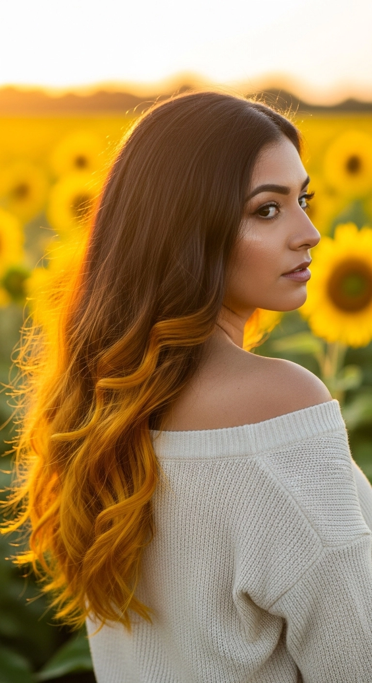 Sunflower Ombre Waves on Rich Chocolate Brown Long Hair