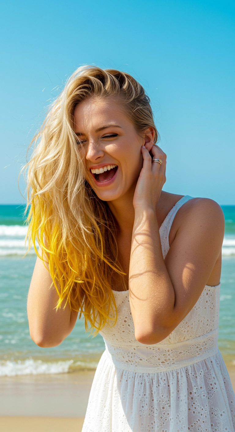Sun-Kissed Blonde Beach Waves with Neon Yellow Dip-Dye