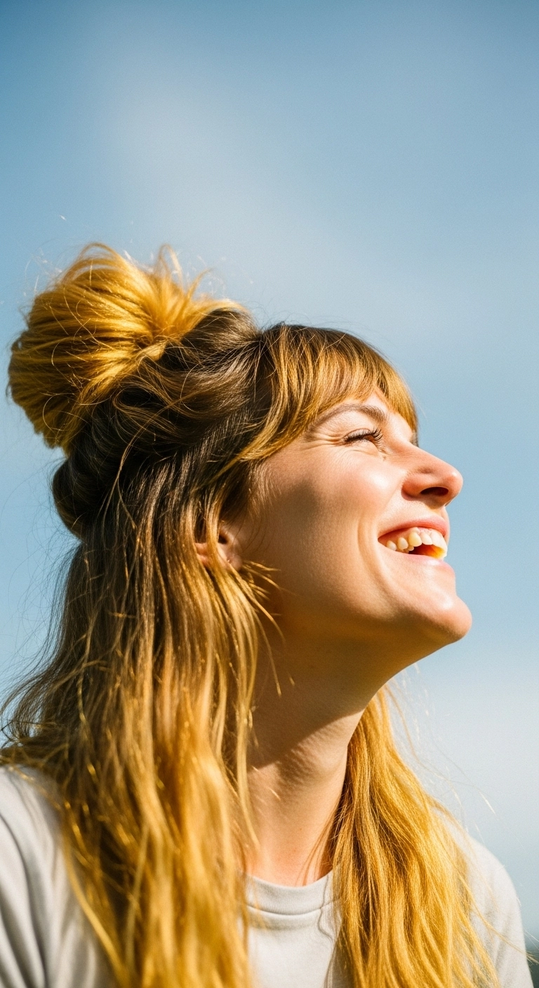 Sun-Kissed Half-Up Top Knot with Wispy Bangs