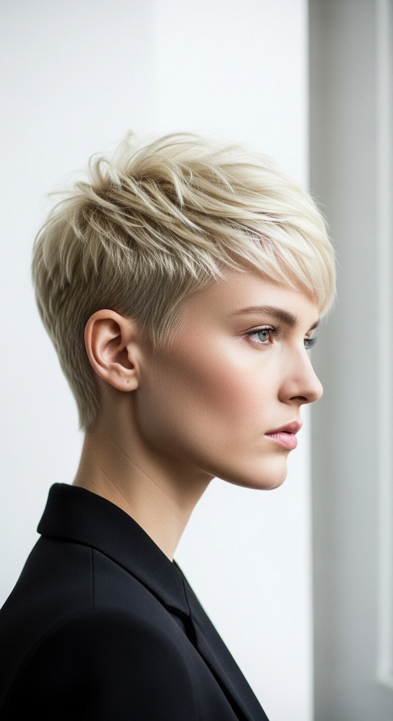 Cool Platinum Textured Pixie Cut with Side-Swept Bangs