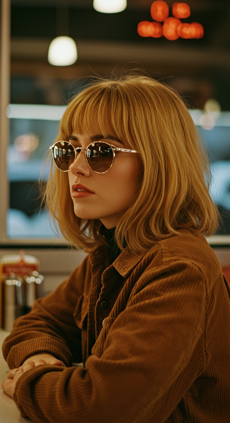 Vintage Golden Blonde Lob with Soft French Fringe