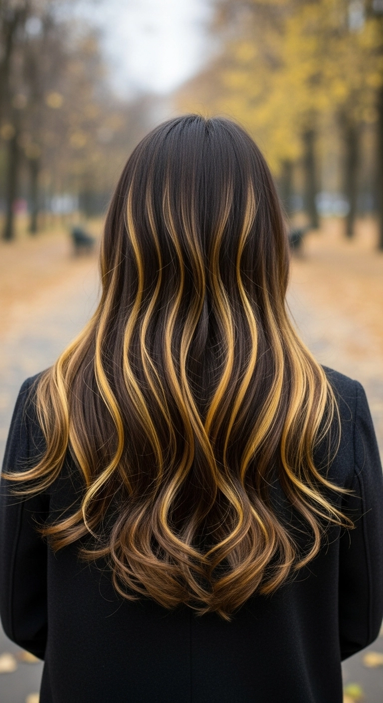 Honey Blonde Ribbon Highlights on Dark Brunette Waves