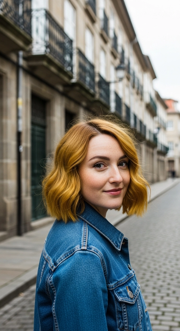 Golden Amber Wavy Lob with Blunt Ends