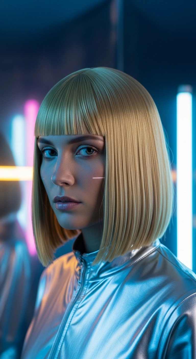 Futuristic Blunt Golden Blonde Bob with Bangs
