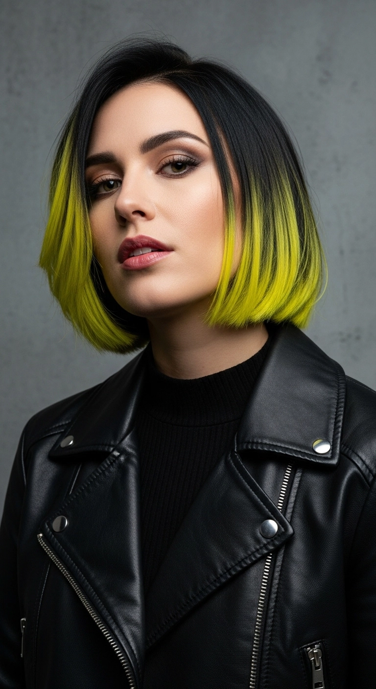 Blunt Jet Black Bob with Neon Chartreuse Dip-Dye Ends