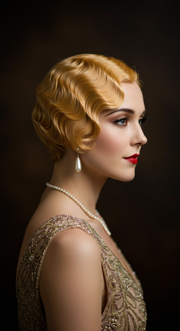 Golden 1920s Marcel Wave Flapper Bob