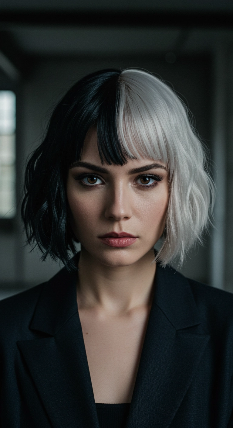 Split-Dye Black and Platinum Wavy Bob with Micro Bangs