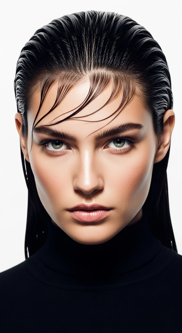 Editorial Slicked-Back Wet Look with Sculpted Tendril Bangs