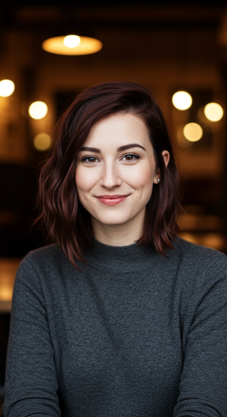 Textured Deep Burgundy Wavy Lob with Side Part
