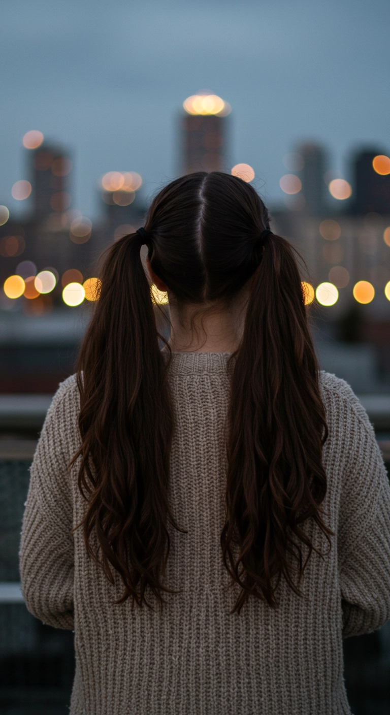 Lived-In Wavy Low Pigtails for Long Brunette Hair
