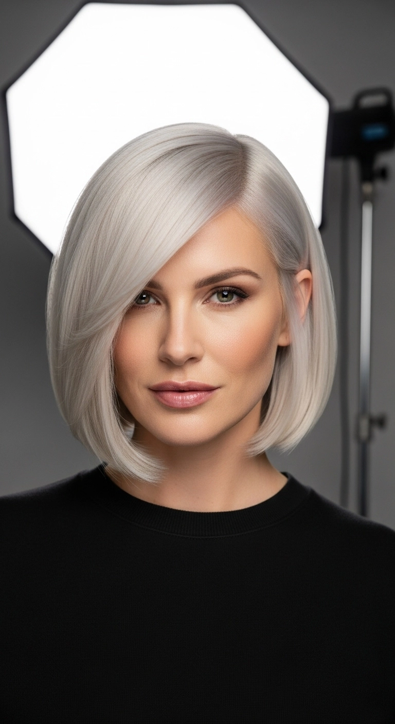 Sleek Icy Platinum Classic Bob with Sweeping Side Bangs