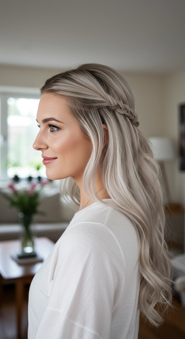 Icy Platinum Half-Up Crown Braid with Soft Waves