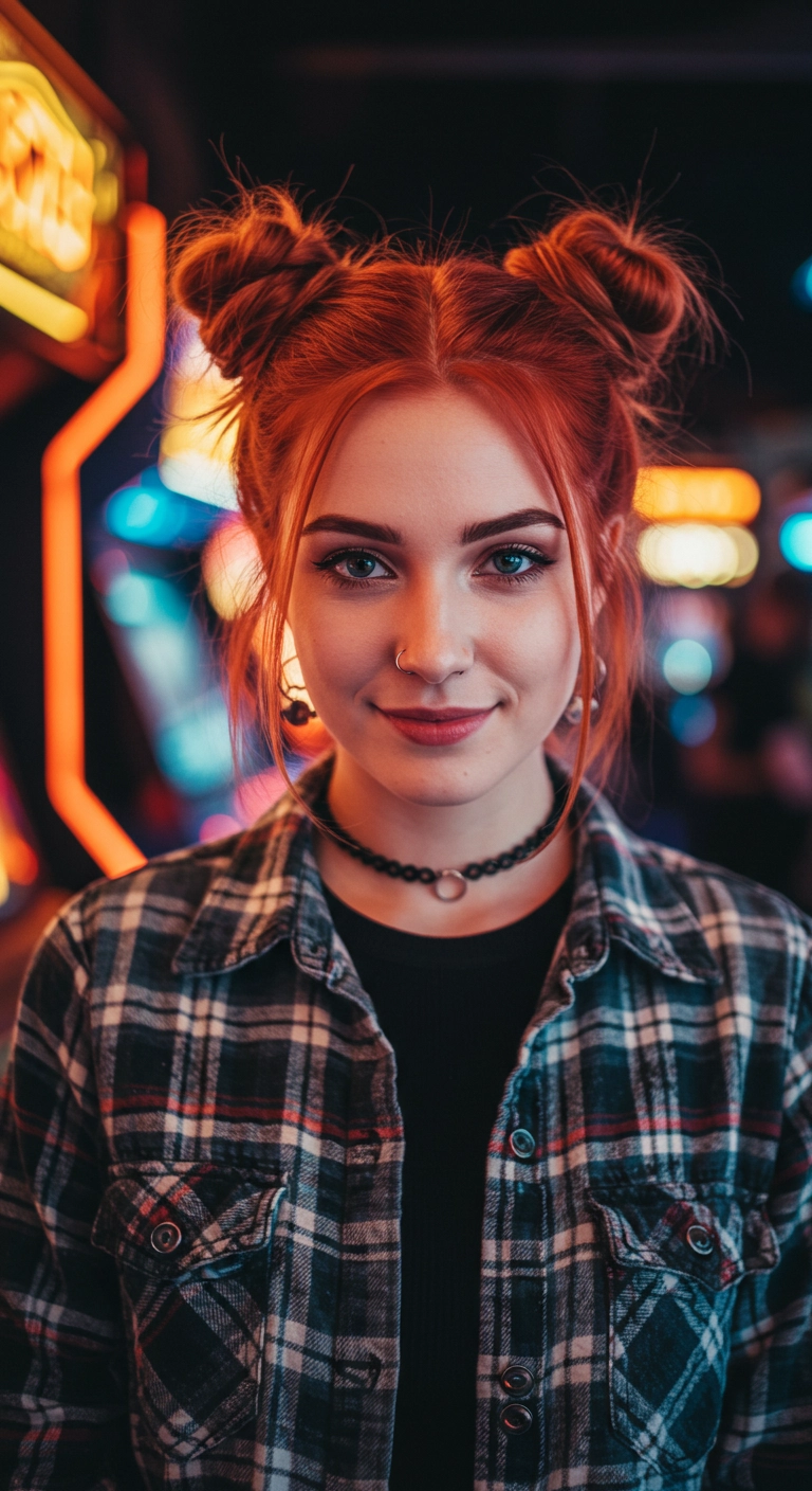 Fiery Copper 90s Space Buns with Face-Framing Tendrils